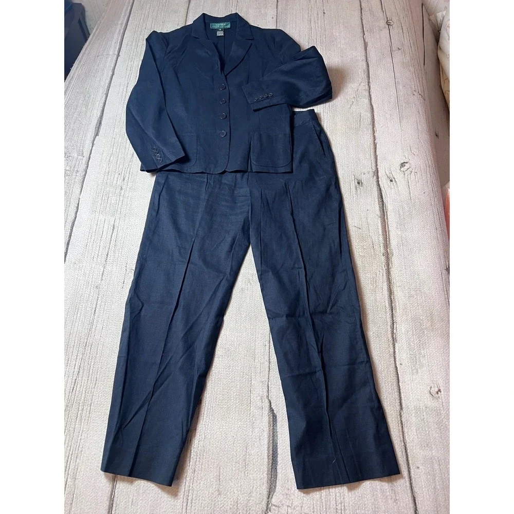 Lauren Ralph Lauren Pant Suit‎ Women 10 Navy Blue Linen Blend Blazer Trousers